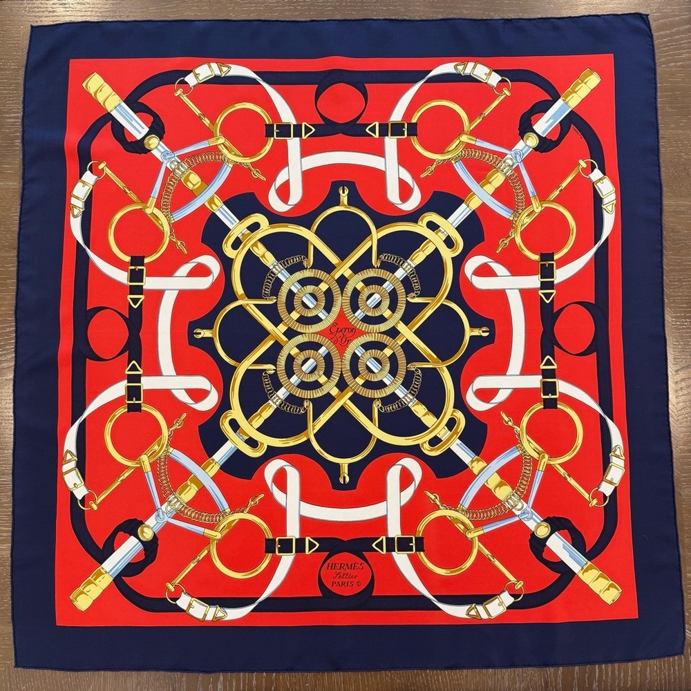 Authentic Hermes Red and Gold Silk Scarf